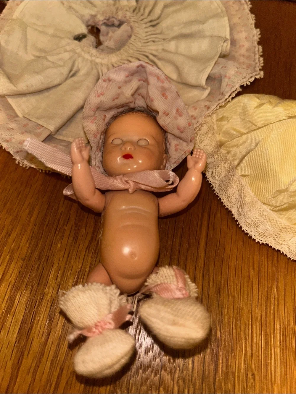 Pair of Vintage Baby Dolls with blinking eyes - Pink and Pale Yellow dresses